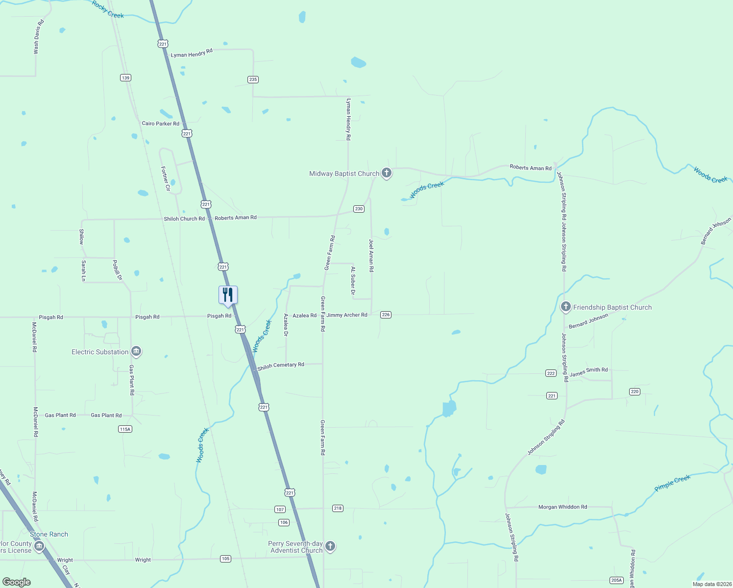 map of restaurants, bars, coffee shops, grocery stores, and more near 370 A L Suber Road in Perry