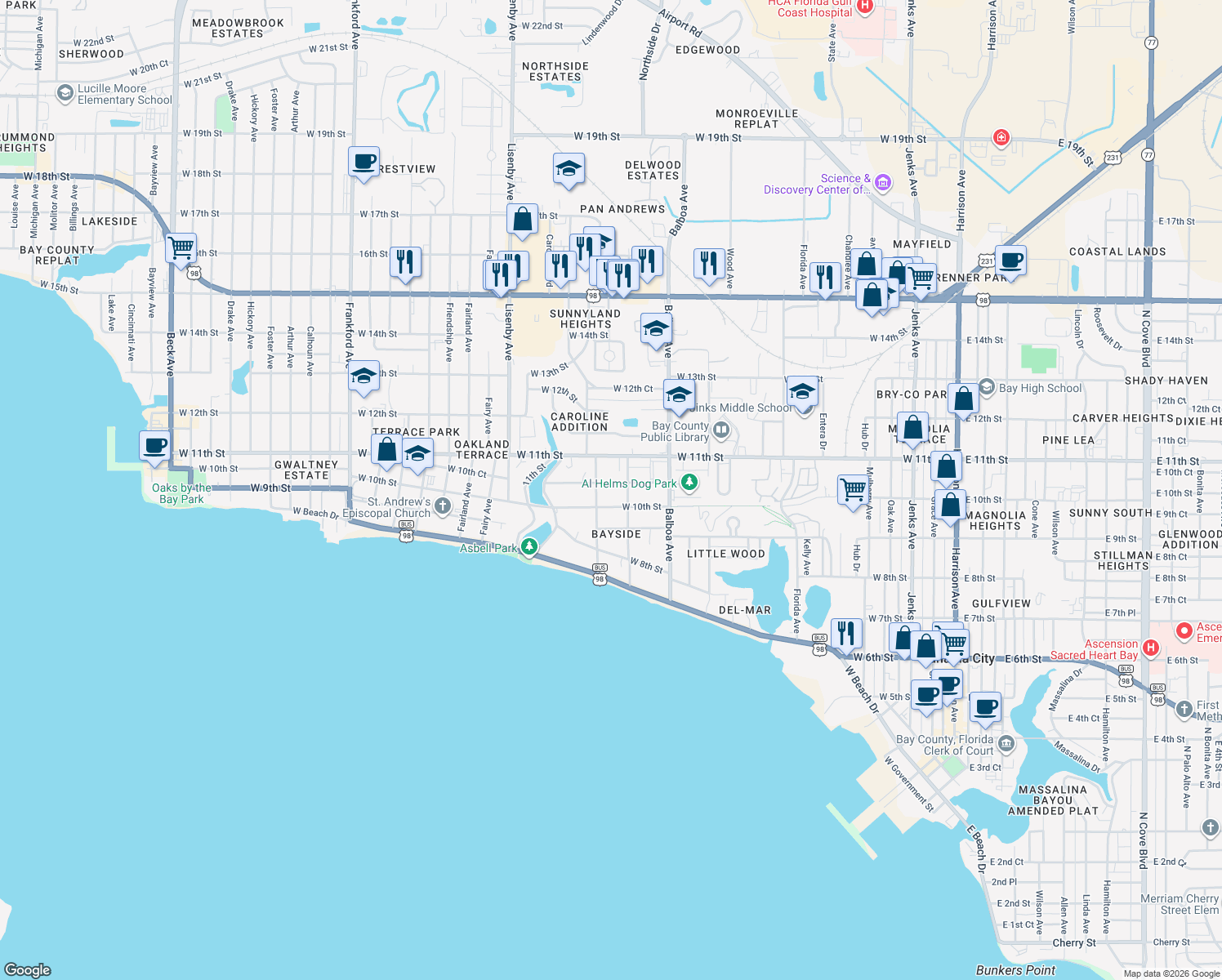 map of restaurants, bars, coffee shops, grocery stores, and more near 1111 West 10th Court in Panama City