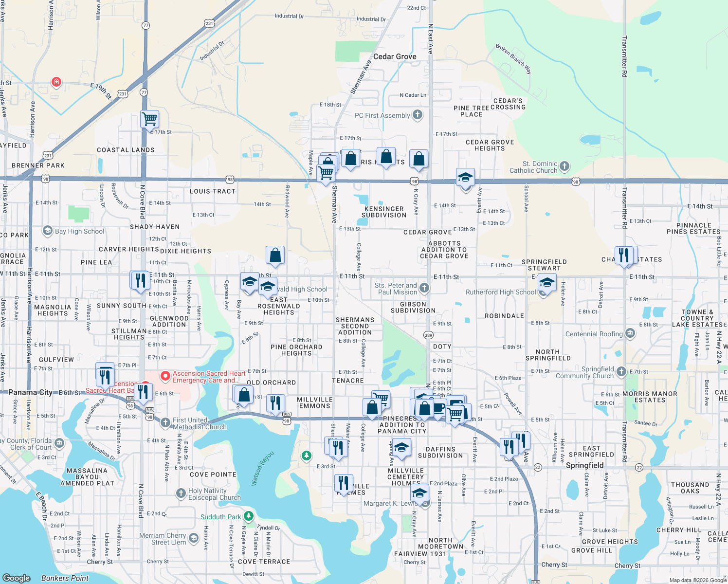 map of restaurants, bars, coffee shops, grocery stores, and more near 1010 Horizon Drive in Panama City