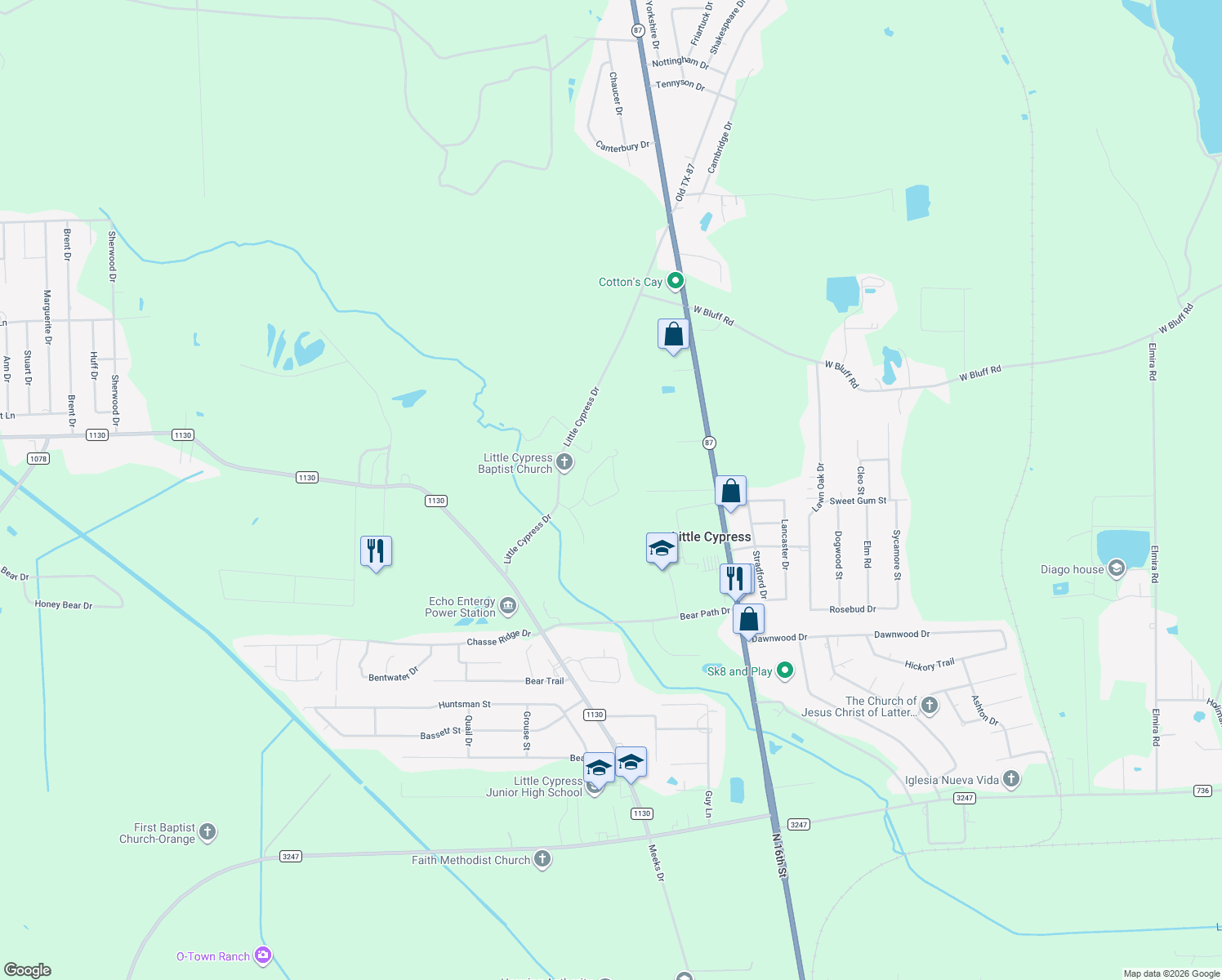 map of restaurants, bars, coffee shops, grocery stores, and more near 3287 Timberlane Circle in Orange