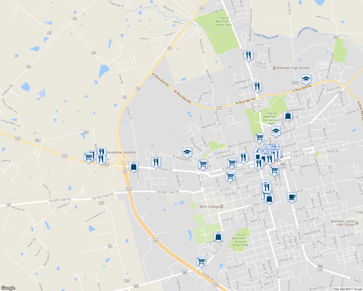 map of restaurants, bars, coffee shops, grocery stores, and more near 1114 Shepard Street in Brenham