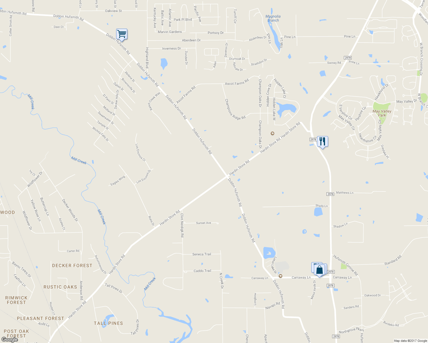map of restaurants, bars, coffee shops, grocery stores, and more near 28411 Dobbin Hufsmith Road in Magnolia