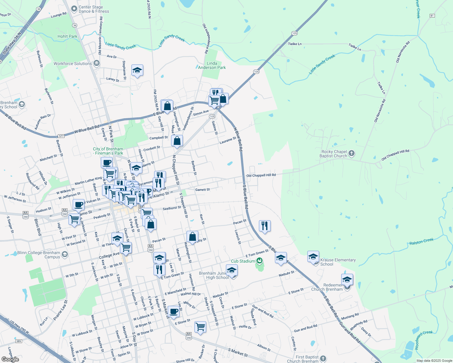 map of restaurants, bars, coffee shops, grocery stores, and more near 1506 East Alamo Street in Brenham