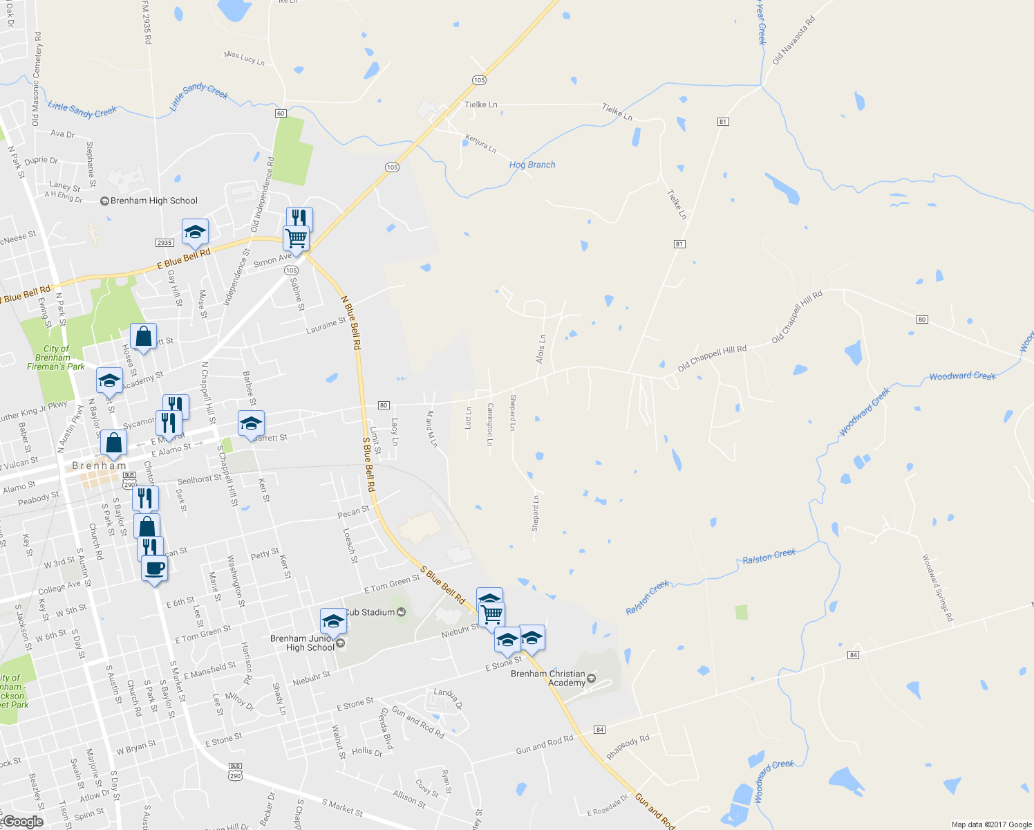 map of restaurants, bars, coffee shops, grocery stores, and more near 307 Shepard Lane in Brenham