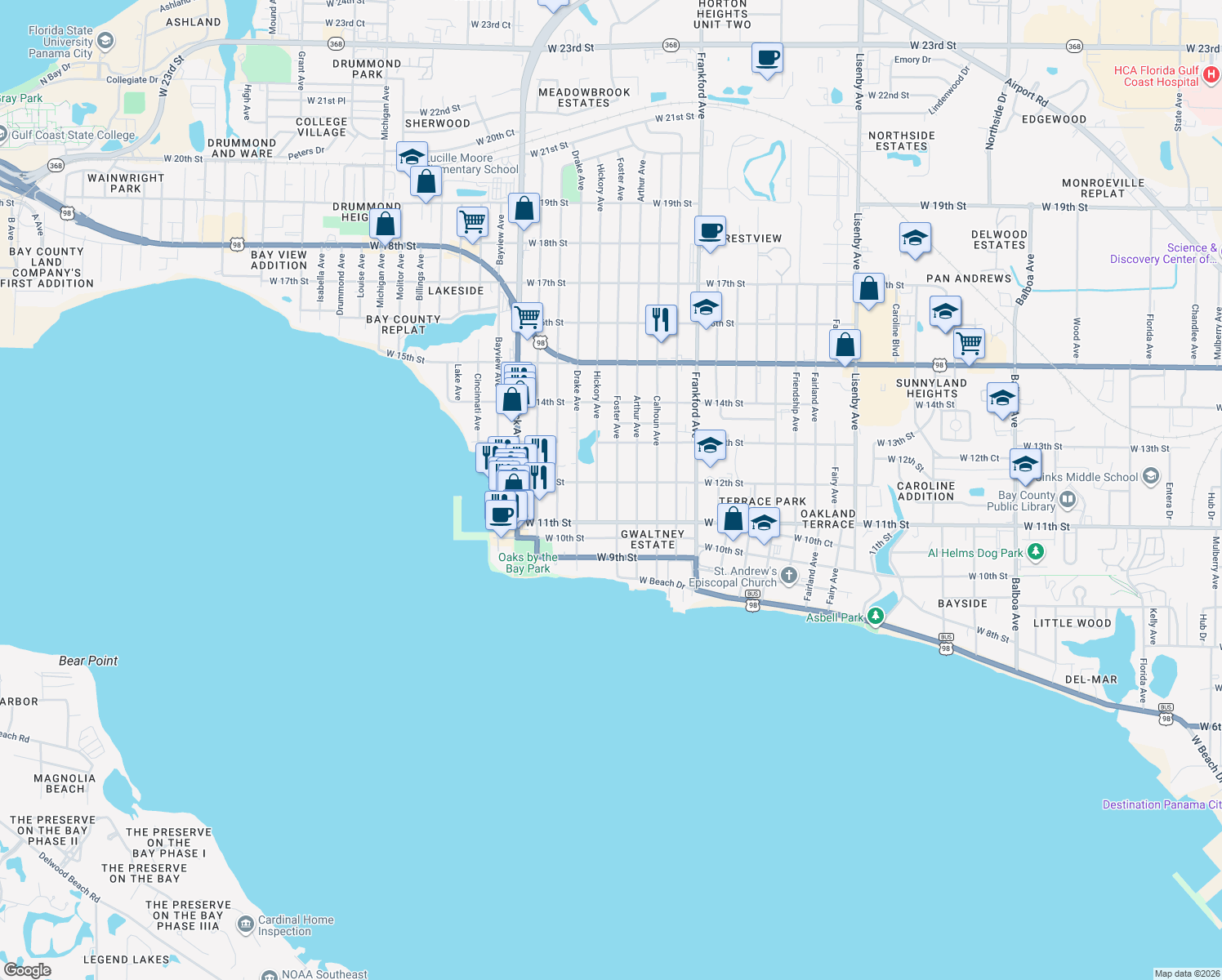 map of restaurants, bars, coffee shops, grocery stores, and more near 1115 Foster Avenue in Panama City