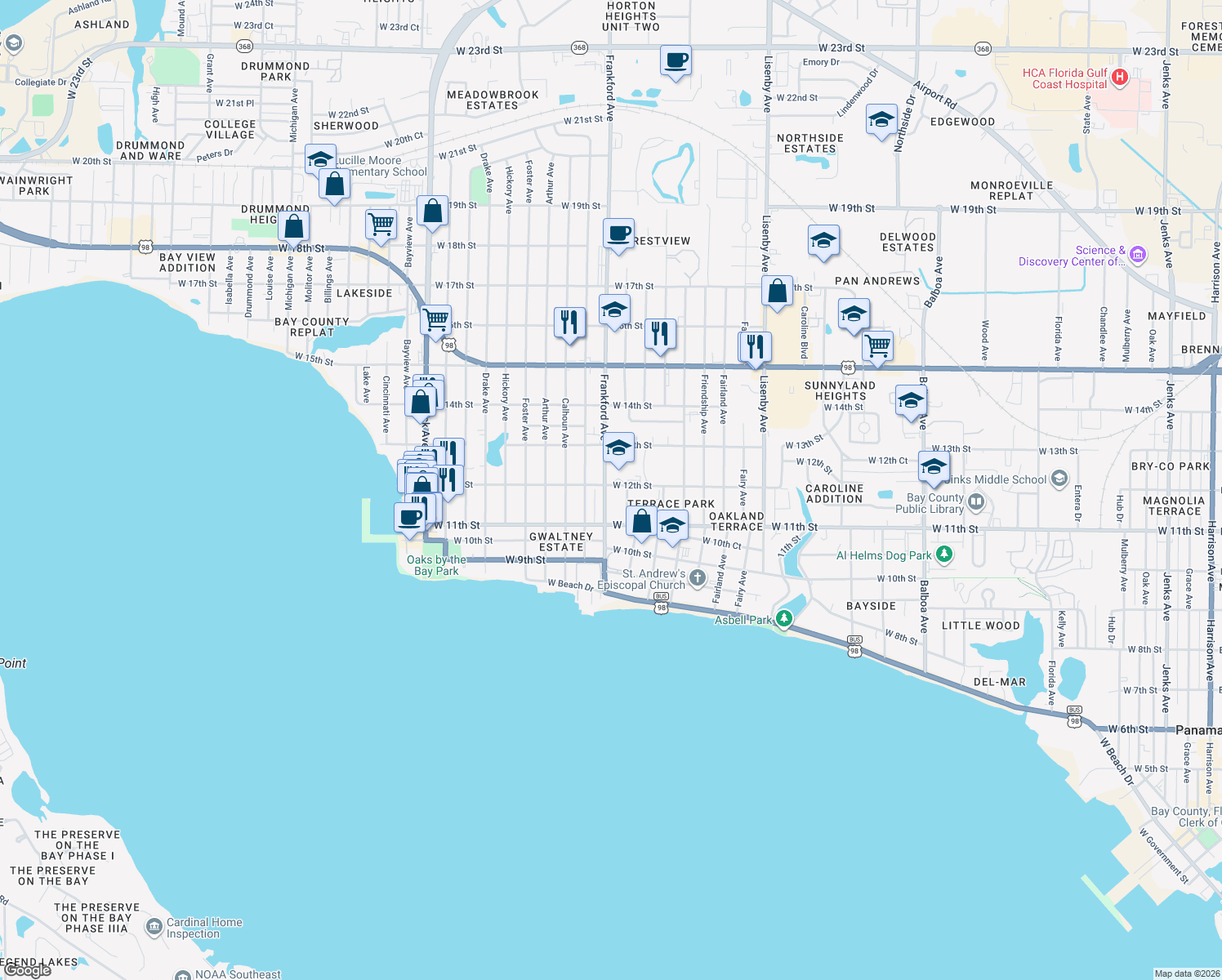 map of restaurants, bars, coffee shops, grocery stores, and more near 1120 Frankford Avenue in Panama City