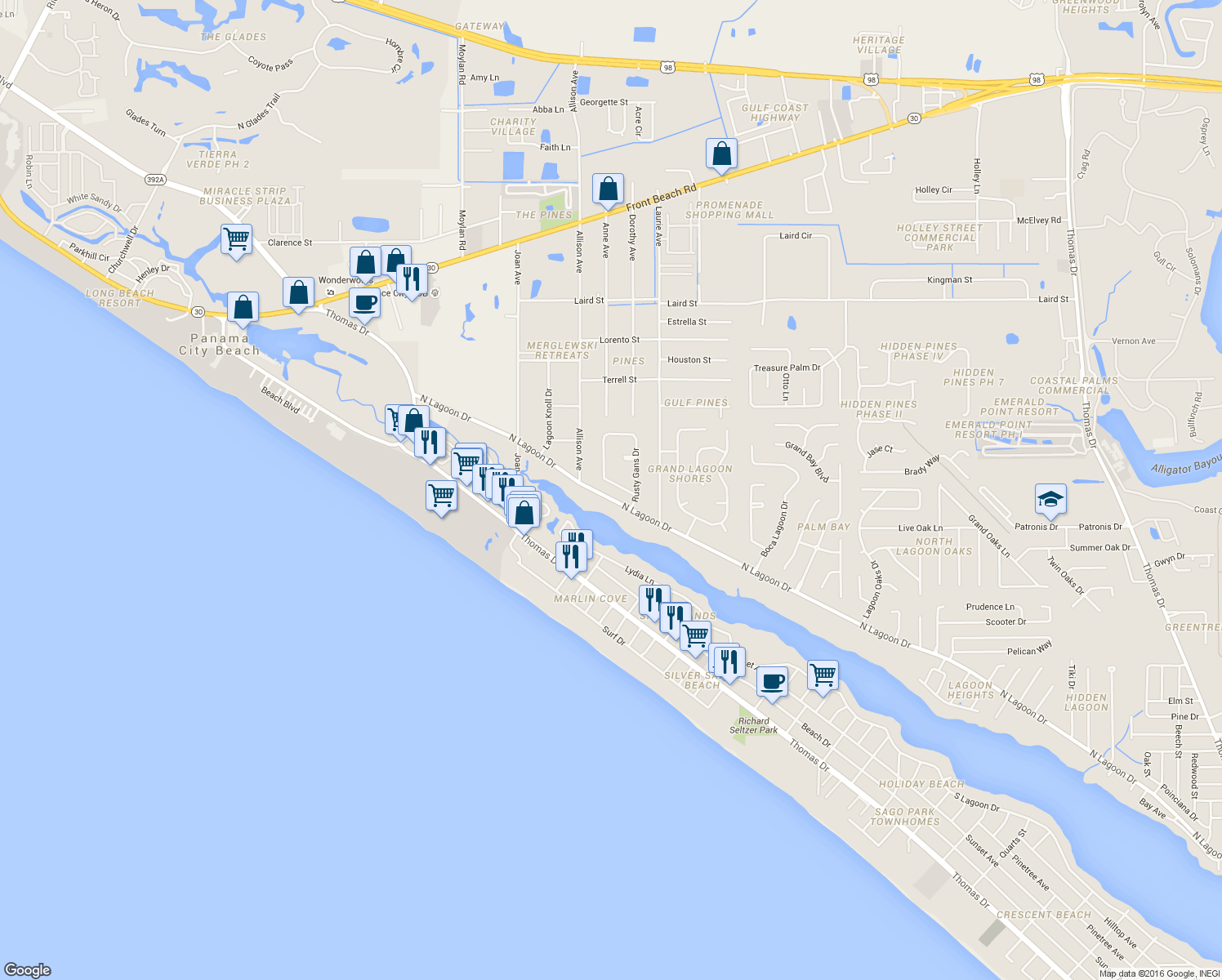 map of restaurants, bars, coffee shops, grocery stores, and more near 164 Rusty Gans Drive in Panama City Beach
