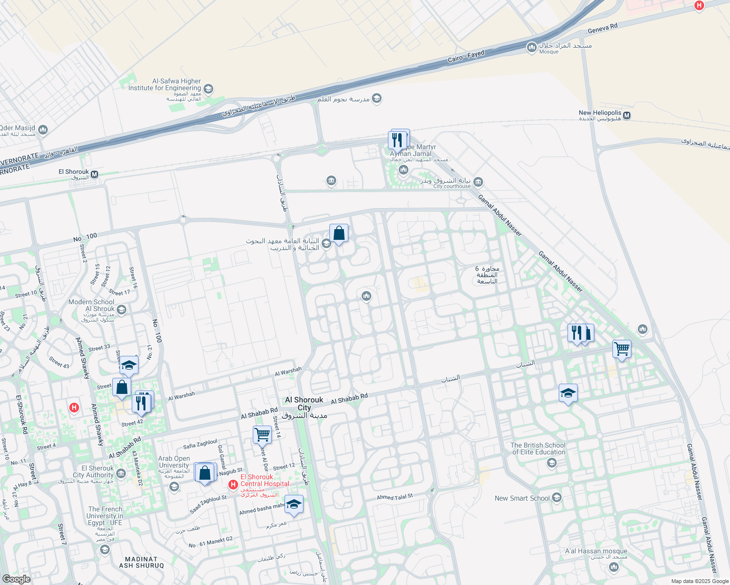 map of restaurants, bars, coffee shops, grocery stores, and more near in Al Shorouk City