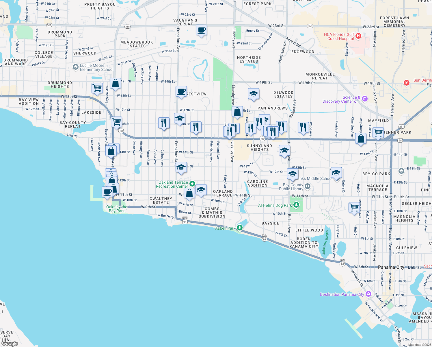 map of restaurants, bars, coffee shops, grocery stores, and more near 1211 Fairland Avenue in Panama City