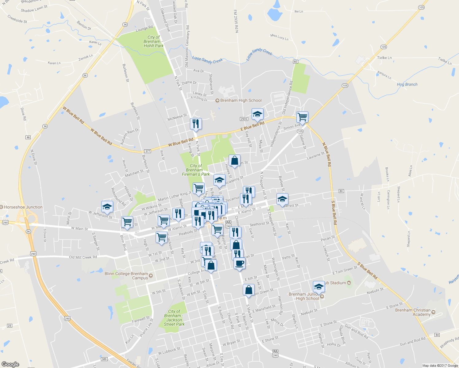 map of restaurants, bars, coffee shops, grocery stores, and more near 406 Cottonwood Street in Brenham