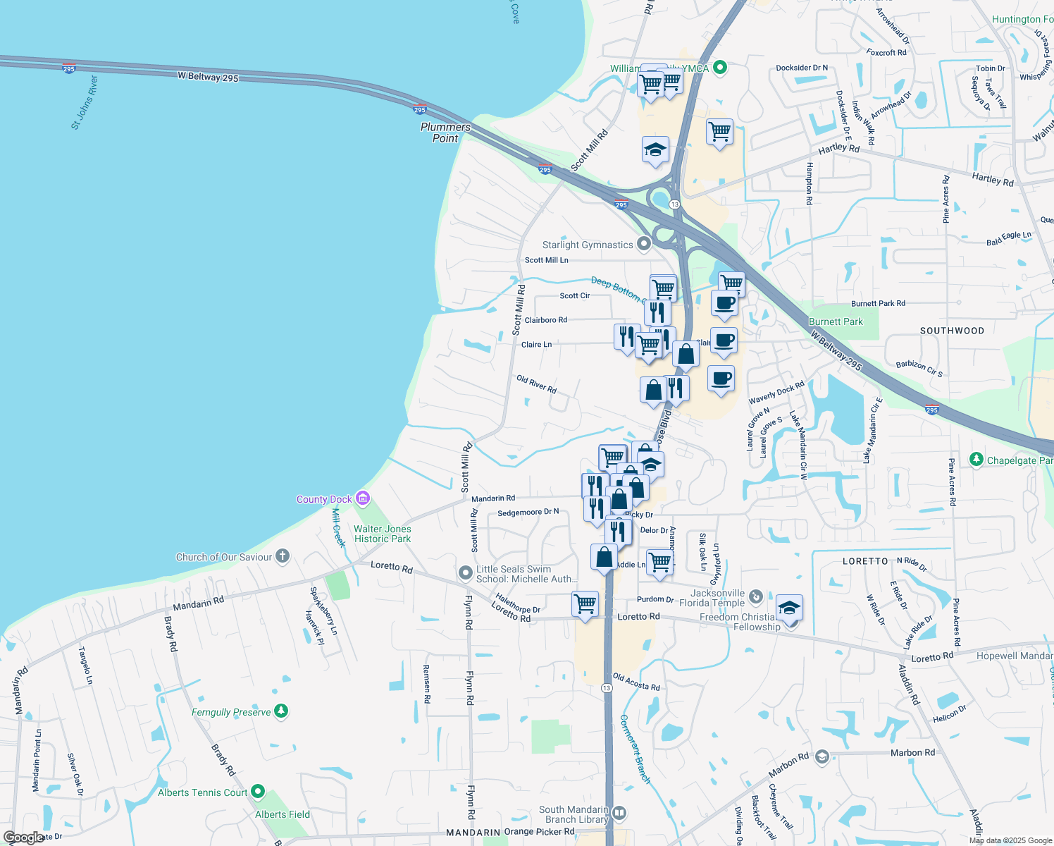 map of restaurants, bars, coffee shops, grocery stores, and more near 2755 Ashton Oaks Dr in Jacksonville