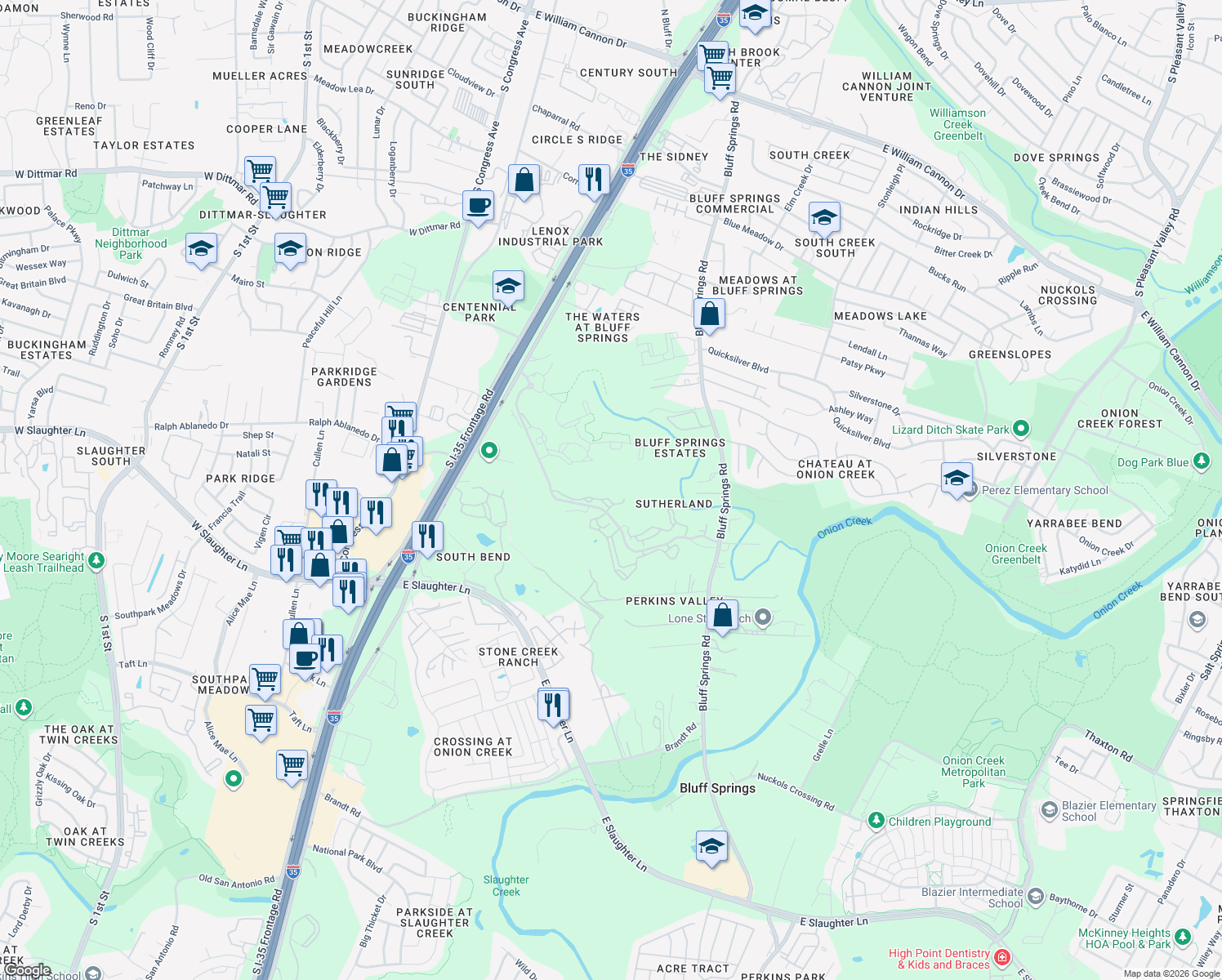 map of restaurants, bars, coffee shops, grocery stores, and more near 2205 Brockman Ln in Austin