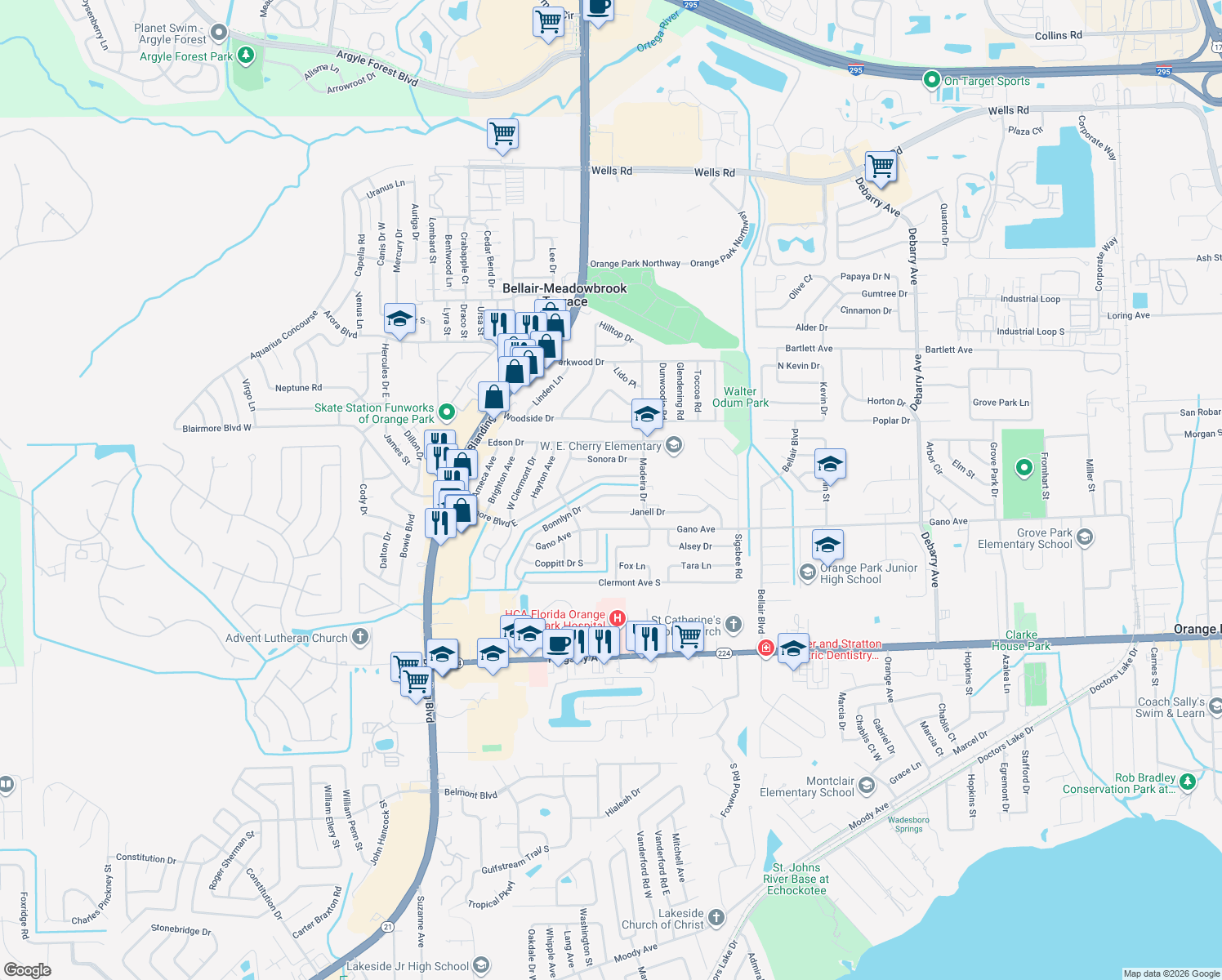 map of restaurants, bars, coffee shops, grocery stores, and more near 373 Bonnlyn Drive in Orange Park