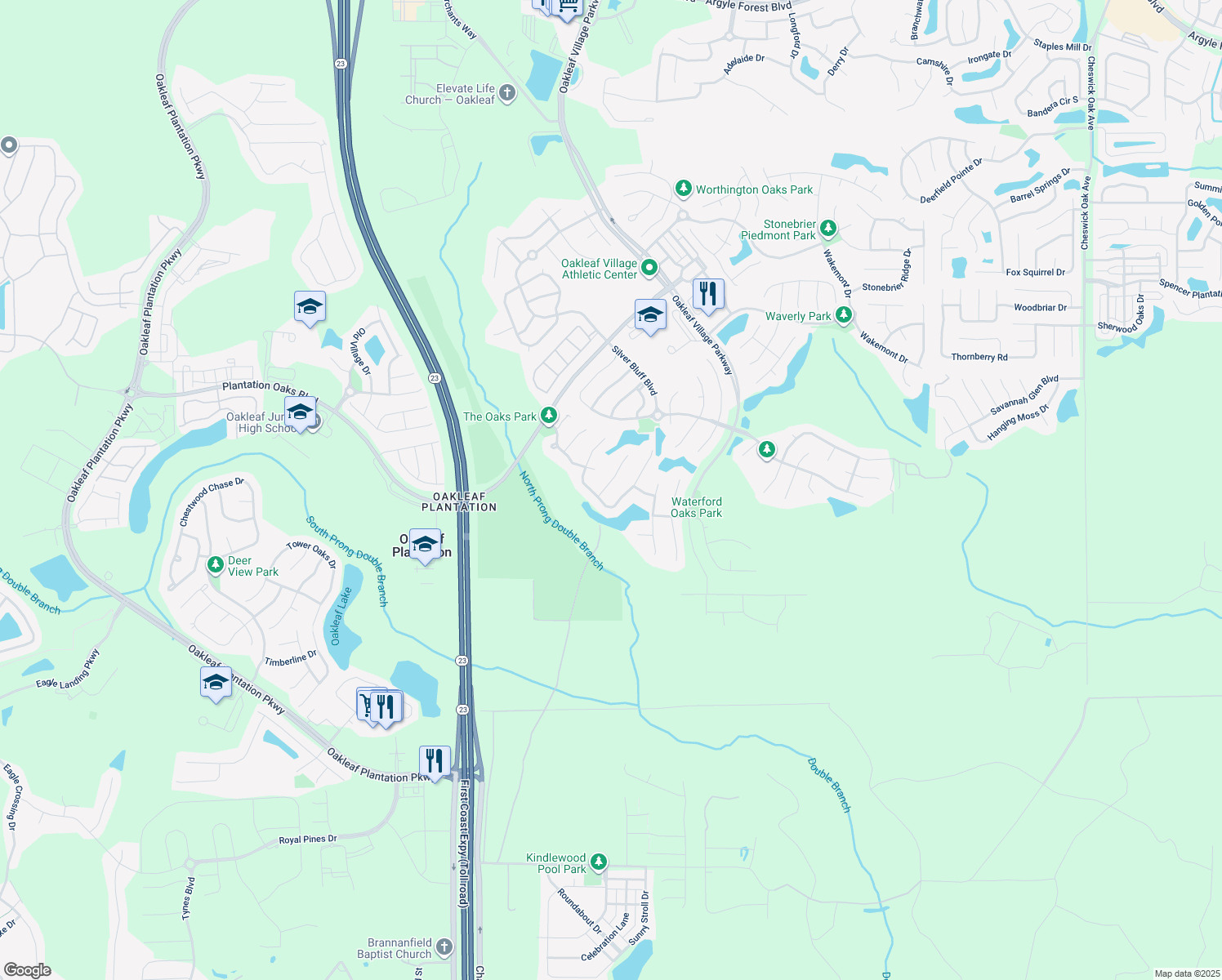 map of restaurants, bars, coffee shops, grocery stores, and more near 1887 Oakchime Drive in Orange Park