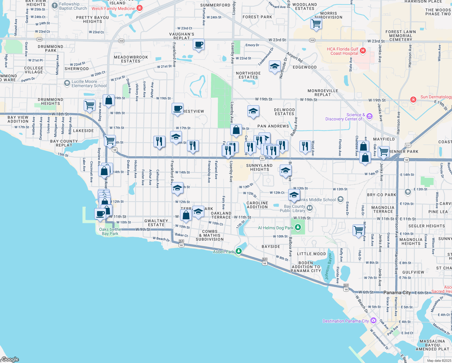 map of restaurants, bars, coffee shops, grocery stores, and more near 1306 Fairy Avenue in Panama City