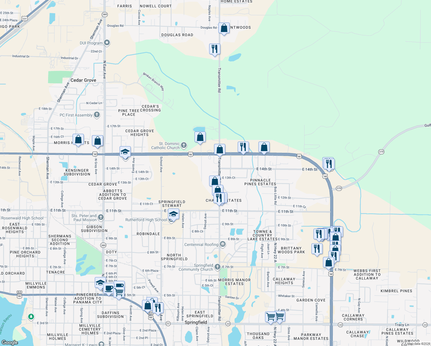 map of restaurants, bars, coffee shops, grocery stores, and more near 1329 Transmitter Road in Panama City