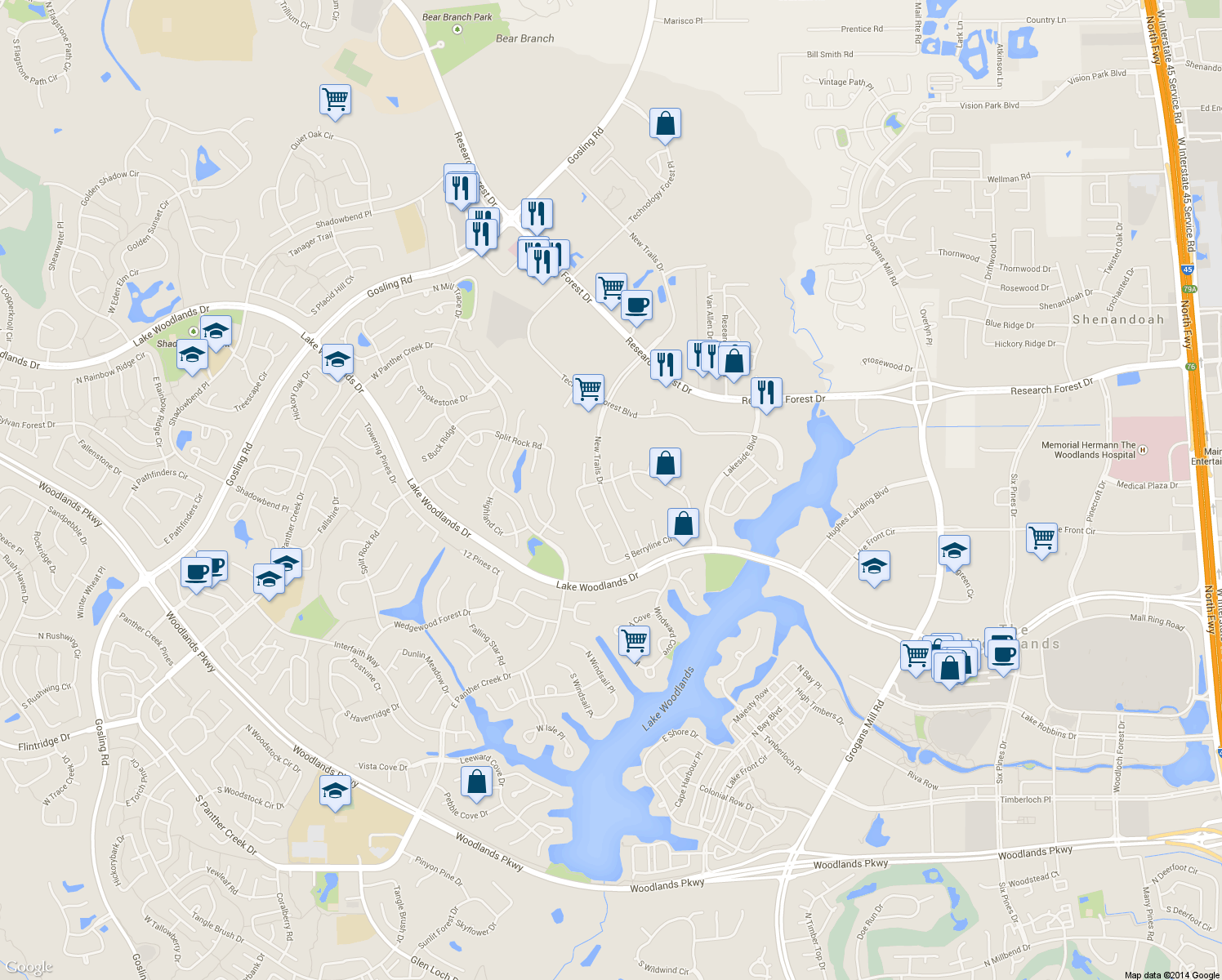map of restaurants, bars, coffee shops, grocery stores, and more near 39 Acorn Cluster Ct in Spring
