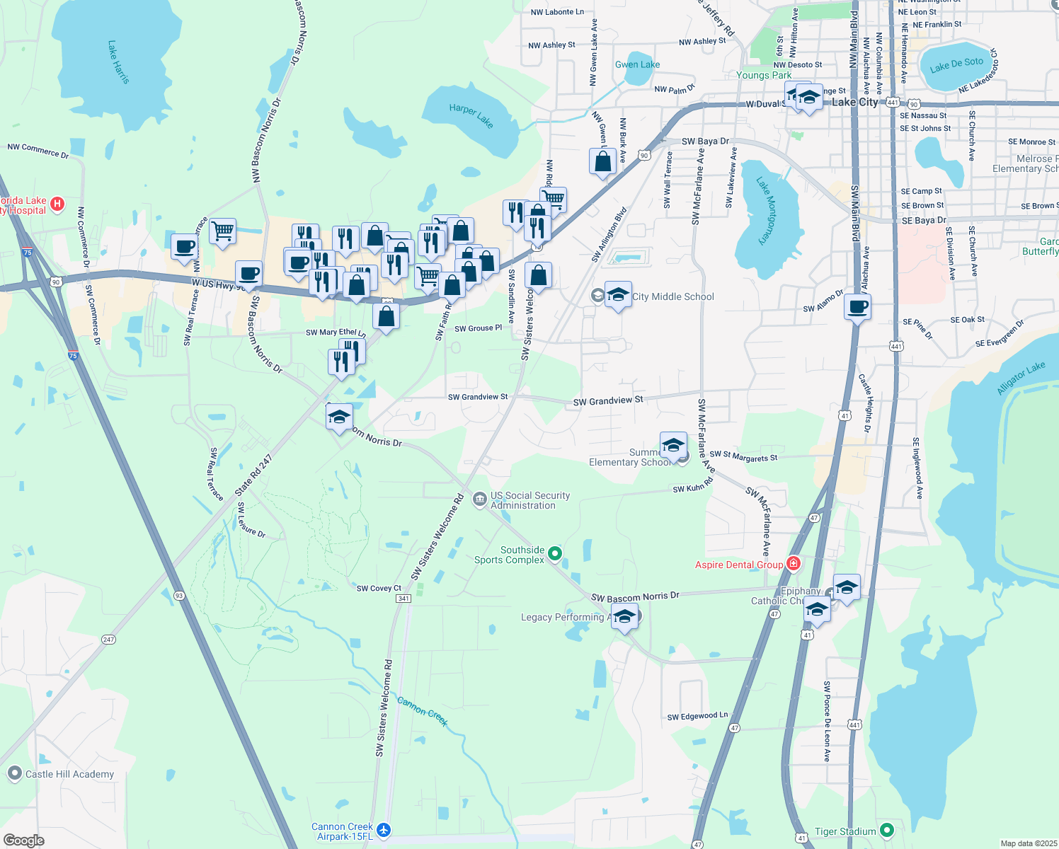 map of restaurants, bars, coffee shops, grocery stores, and more near 1064 Southwest Jaguar Drive in Lake City