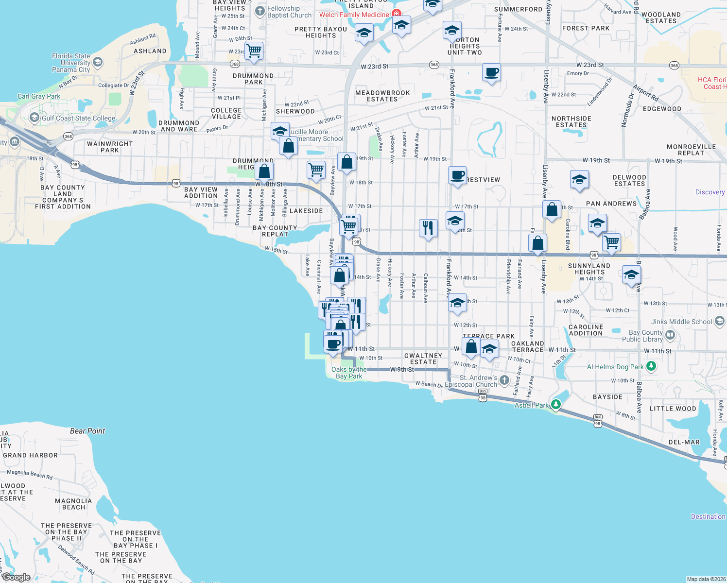 map of restaurants, bars, coffee shops, grocery stores, and more near 1307 Wilmont Avenue in Panama City
