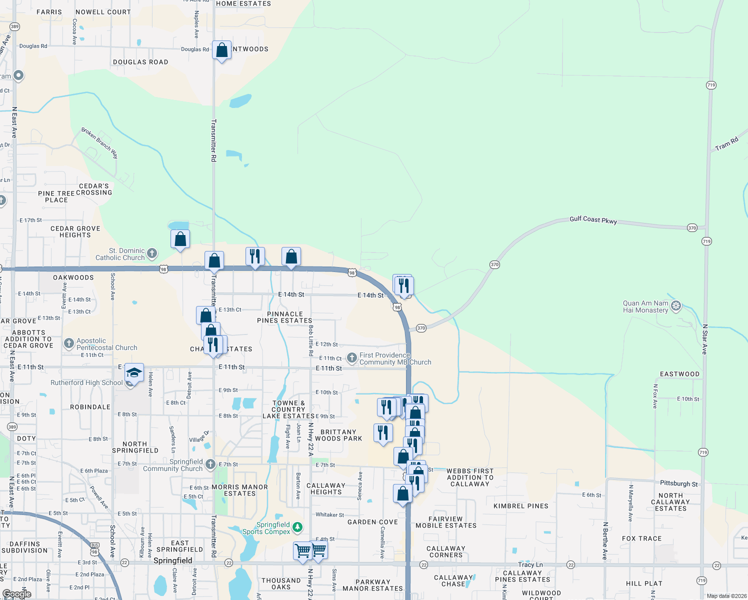 map of restaurants, bars, coffee shops, grocery stores, and more near 5324 East 14th Street in Panama City