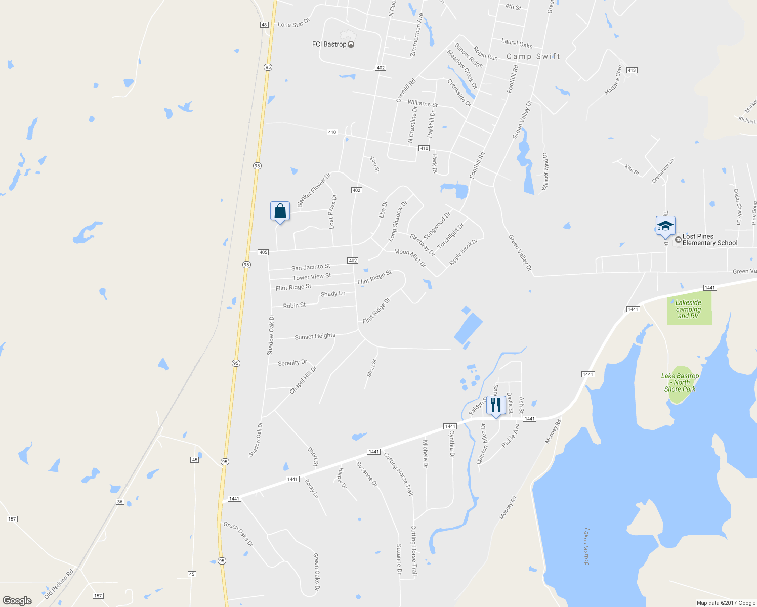 map of restaurants, bars, coffee shops, grocery stores, and more near 285 Flint Ridge Street in Bastrop