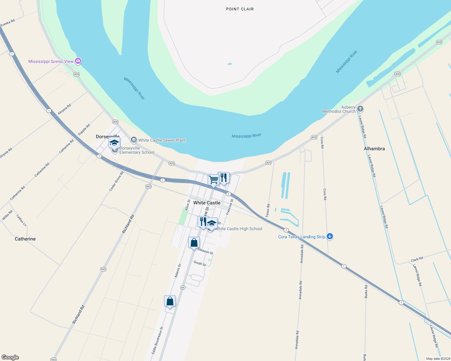 map of restaurants, bars, coffee shops, grocery stores, and more near 54920 Latino Street in White Castle