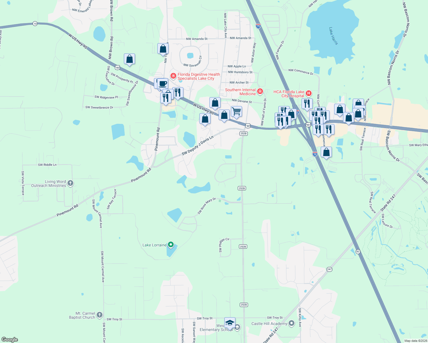 map of restaurants, bars, coffee shops, grocery stores, and more near 365 Southwest Whitetail Circle in Lake City