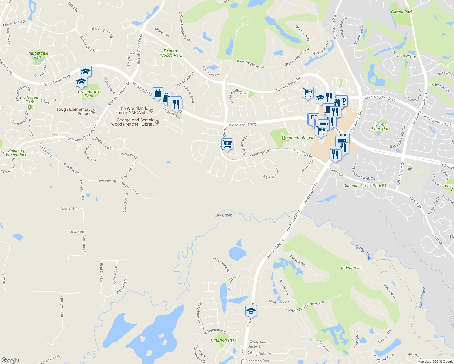 map of restaurants, bars, coffee shops, grocery stores, and more near 11 Hope Valley Place in Spring