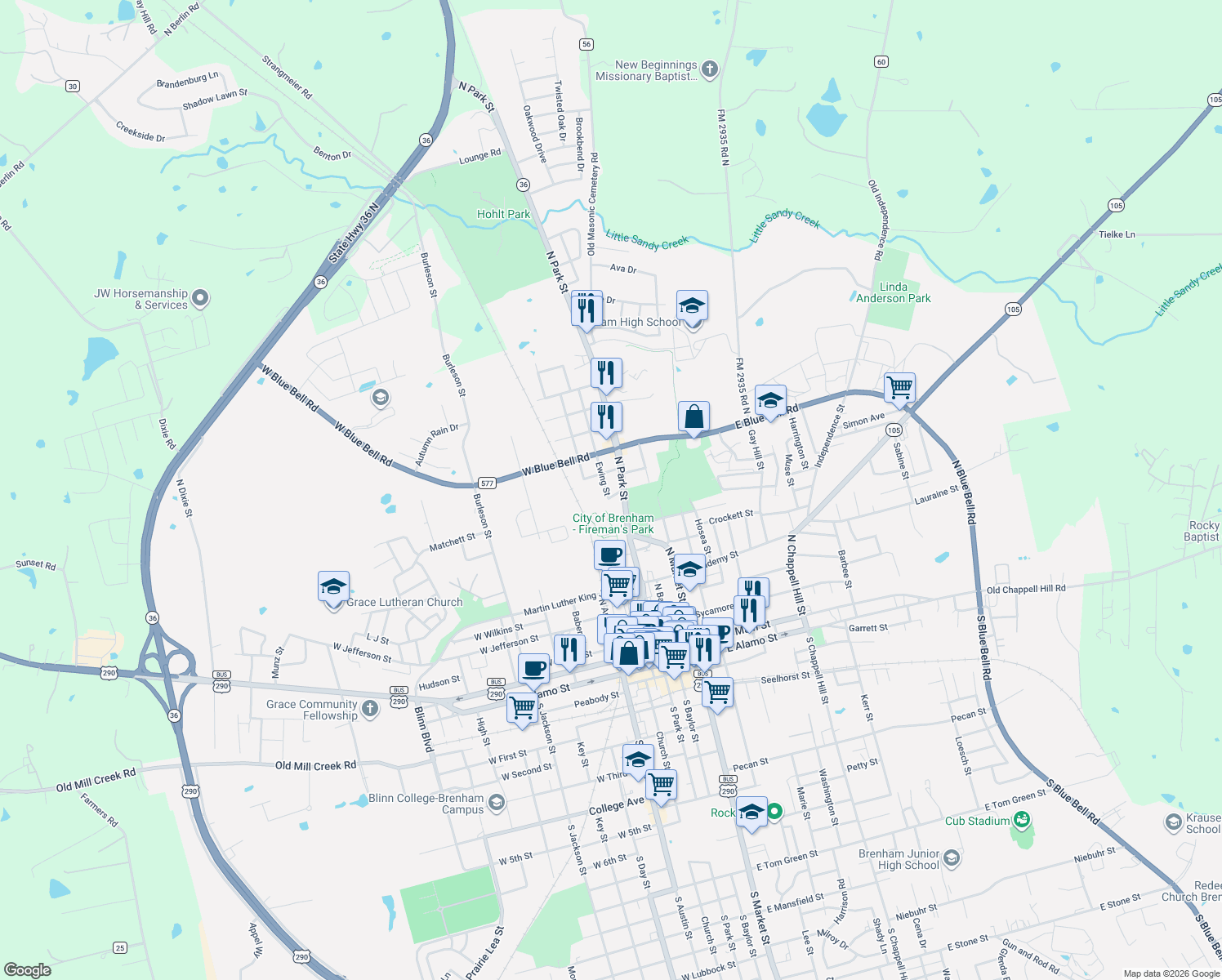 map of restaurants, bars, coffee shops, grocery stores, and more near 904 Ewing Street in Brenham