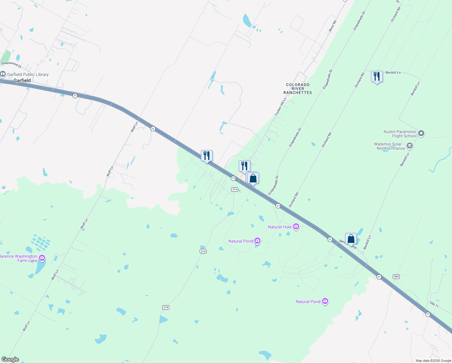 map of restaurants, bars, coffee shops, grocery stores, and more near 144 Old Bastrop Road in Cedar Creek