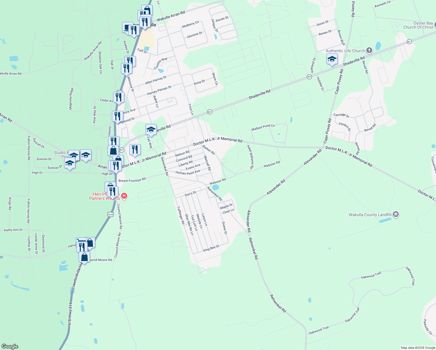 map of restaurants, bars, coffee shops, grocery stores, and more near 48 Webster Road in Crawfordville