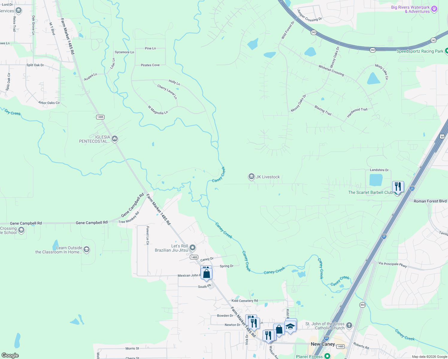 map of restaurants, bars, coffee shops, grocery stores, and more near 22115 Brook Forest Rd in New Caney