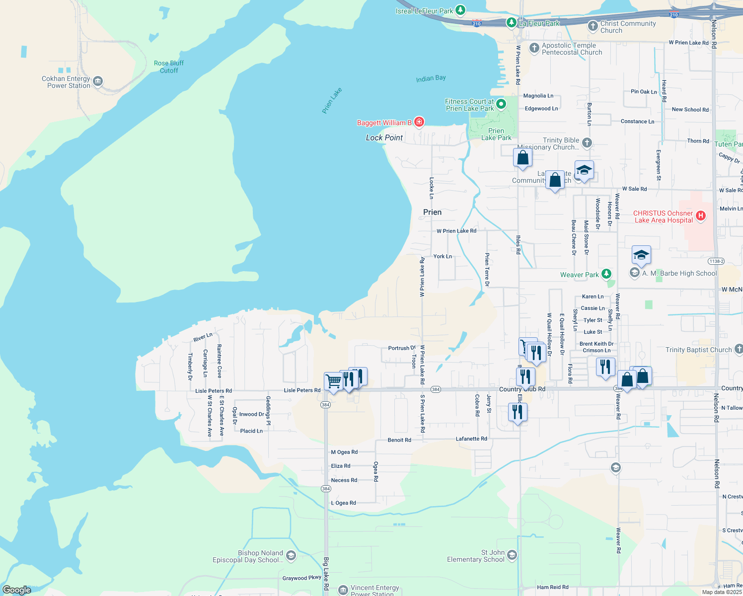 map of restaurants, bars, coffee shops, grocery stores, and more near 4508 Country Club Place in Lake Charles