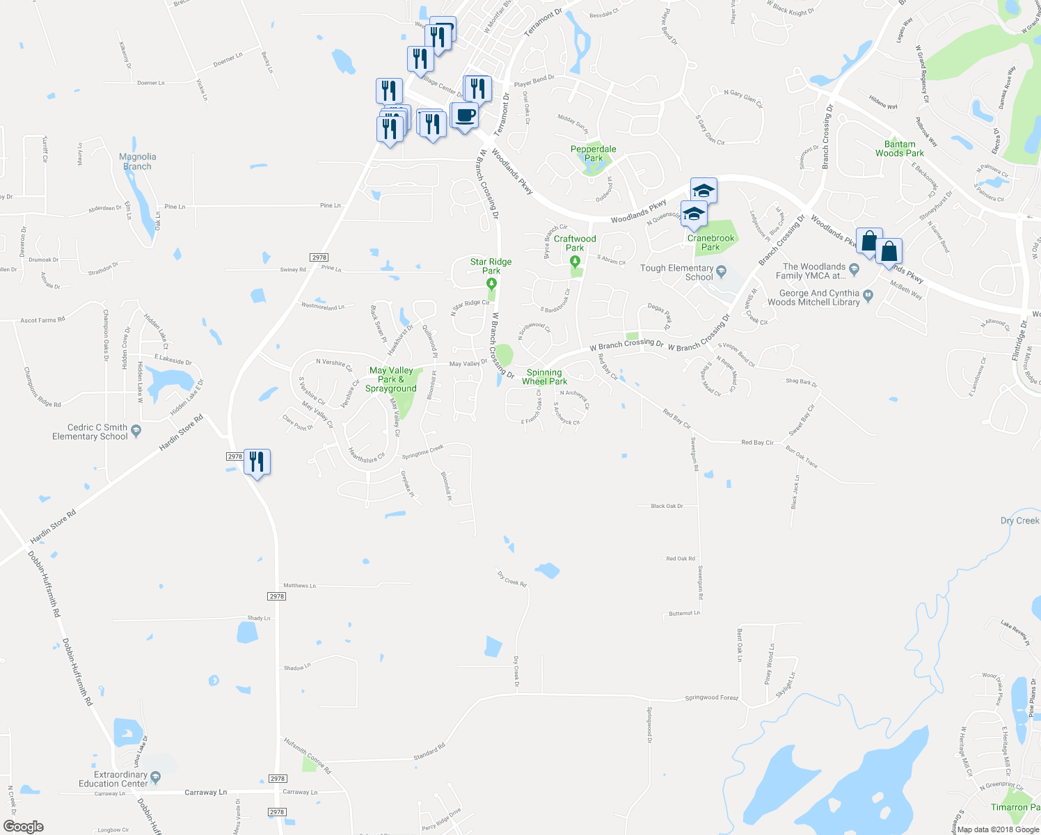 map of restaurants, bars, coffee shops, grocery stores, and more near 91 East French Oaks Circle in The Woodlands