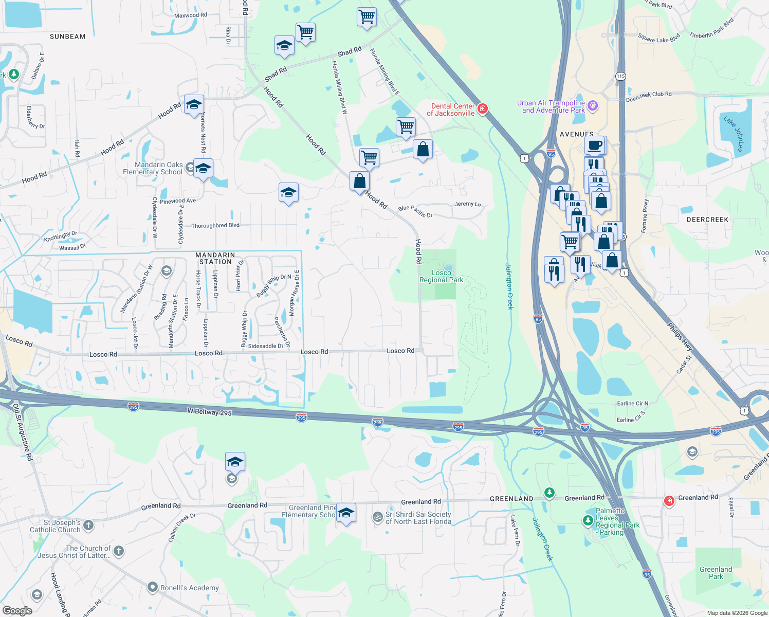 map of restaurants, bars, coffee shops, grocery stores, and more near 11035 Skylark Drive in Jacksonville