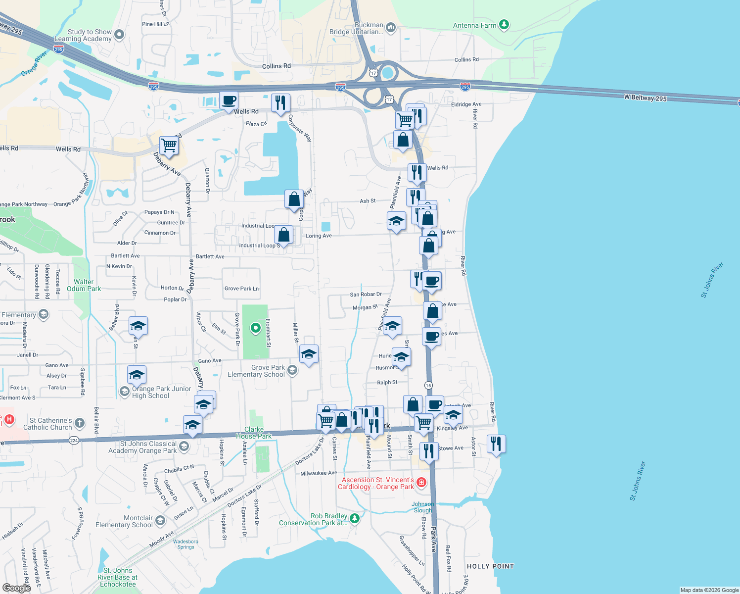 map of restaurants, bars, coffee shops, grocery stores, and more near 558 San Robar Drive in Orange Park