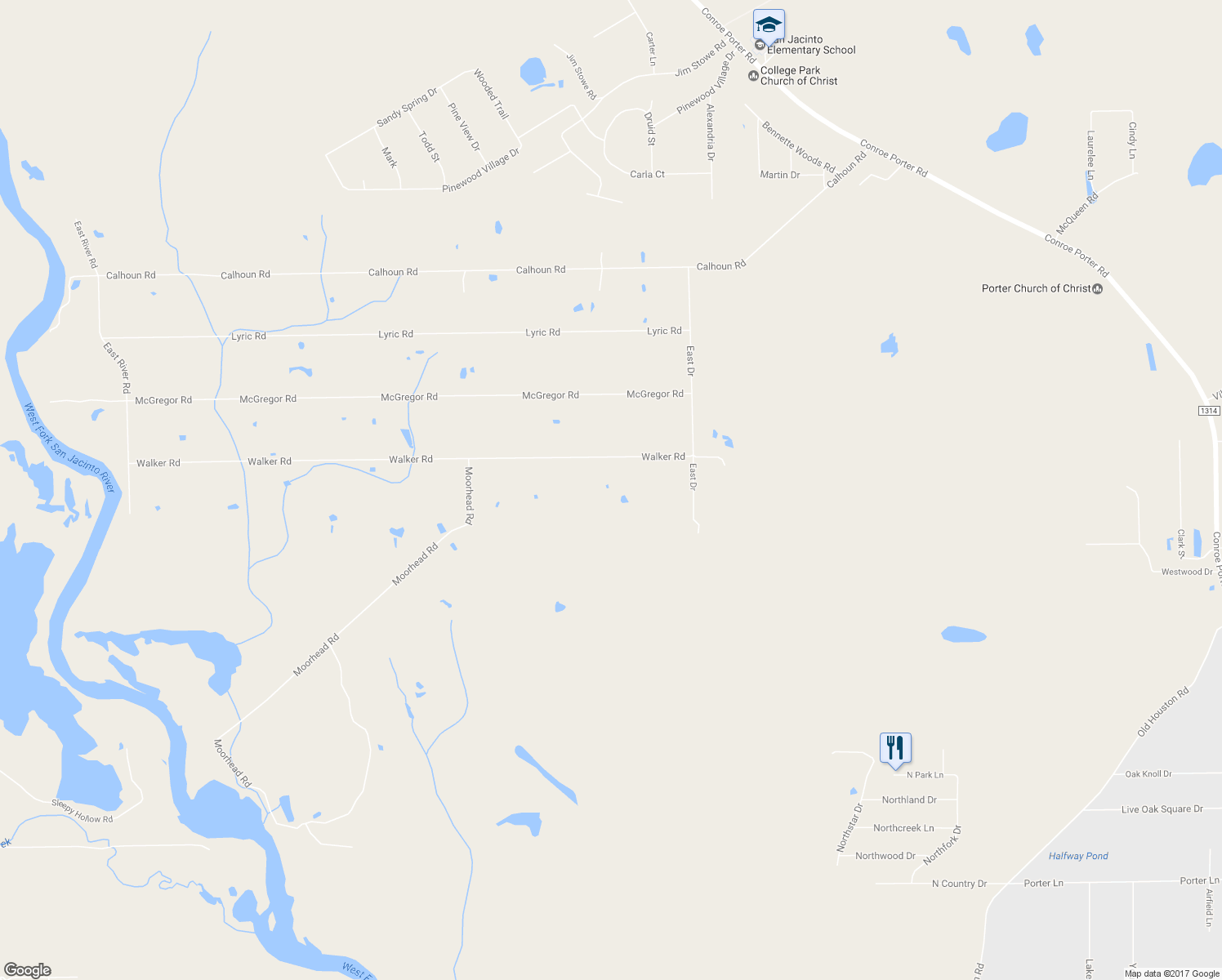 map of restaurants, bars, coffee shops, grocery stores, and more near 14742 Walker Road in Conroe