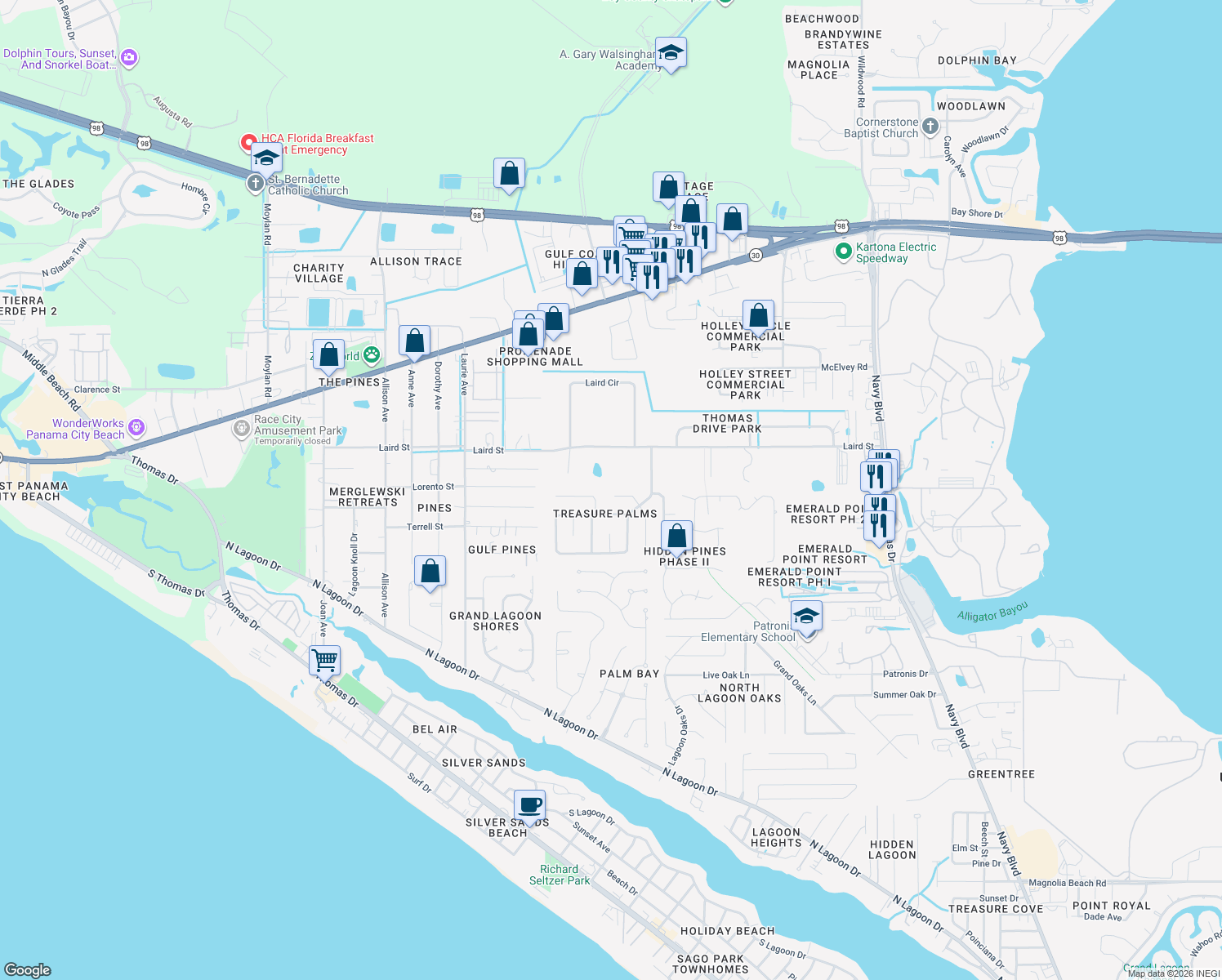 map of restaurants, bars, coffee shops, grocery stores, and more near 212 Sago Palm Street in Panama City Beach