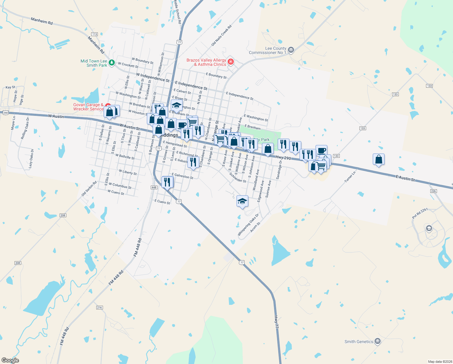 map of restaurants, bars, coffee shops, grocery stores, and more near 976 East Industry Street in Giddings