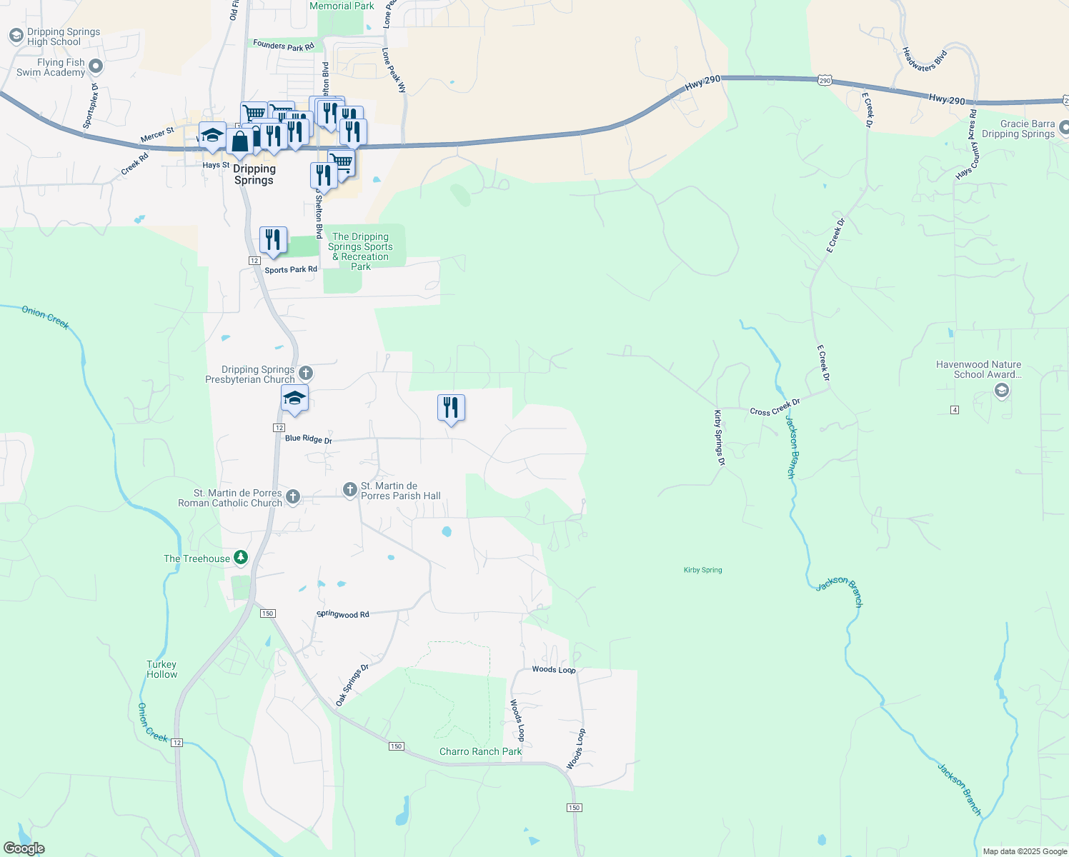 map of restaurants, bars, coffee shops, grocery stores, and more near 588 Counts Estates Drive in Dripping Springs