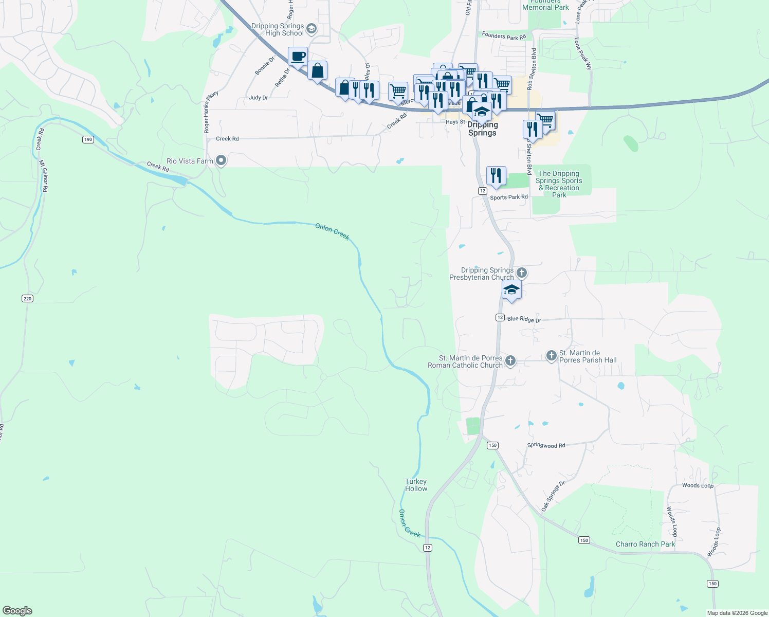 map of restaurants, bars, coffee shops, grocery stores, and more near 803 Needham Road in Dripping Springs