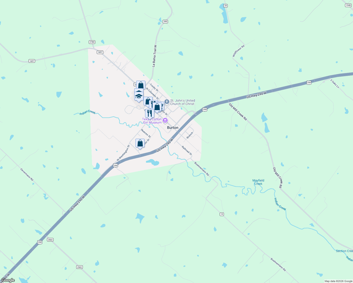 map of restaurants, bars, coffee shops, grocery stores, and more near 290 Railroad St in Burton