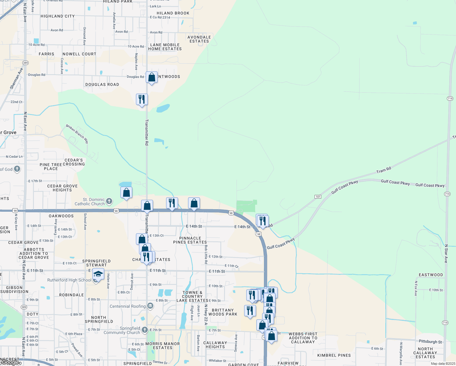map of restaurants, bars, coffee shops, grocery stores, and more near 1707 Adkins Avenue in Panama City