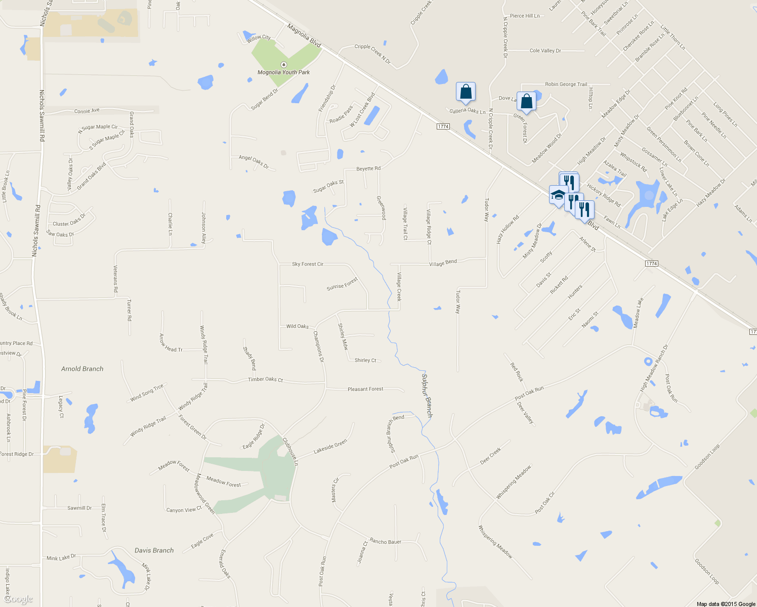 map of restaurants, bars, coffee shops, grocery stores, and more near 29112 Sky Forest Circle in Magnolia