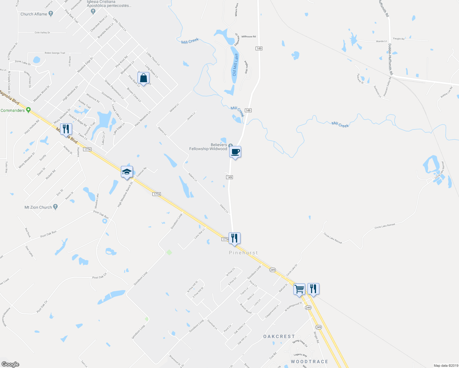 map of restaurants, bars, coffee shops, grocery stores, and more near 36014 Farm to Market 149 in Pinehurst