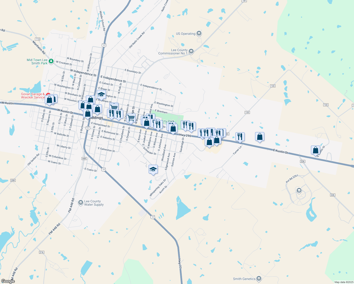 map of restaurants, bars, coffee shops, grocery stores, and more near 235 Sunrise Avenue in Giddings