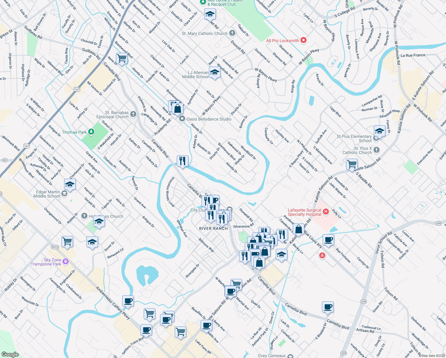 map of restaurants, bars, coffee shops, grocery stores, and more near 401 Shelly Drive in Lafayette
