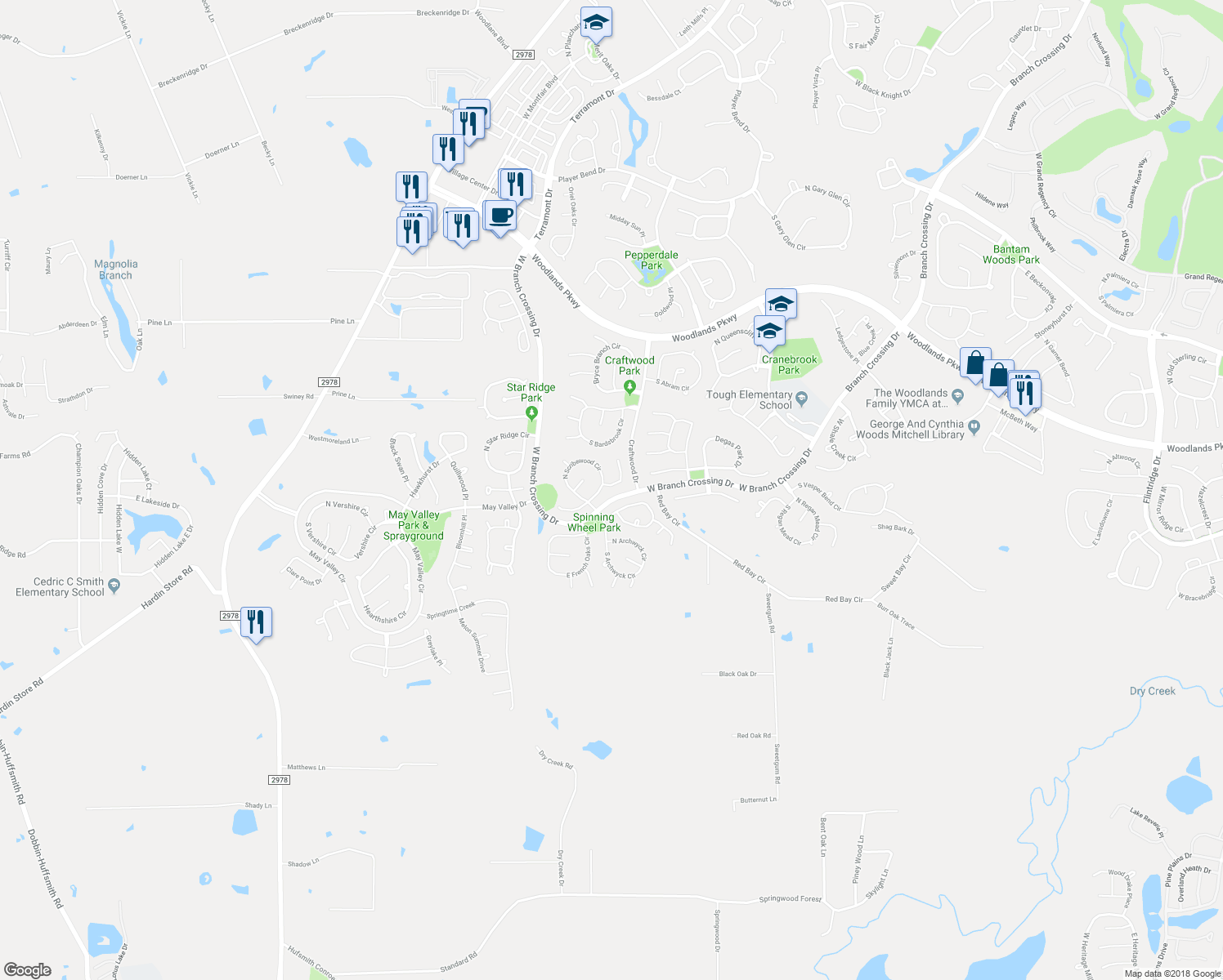 map of restaurants, bars, coffee shops, grocery stores, and more near 2 Kerouac Court in The Woodlands
