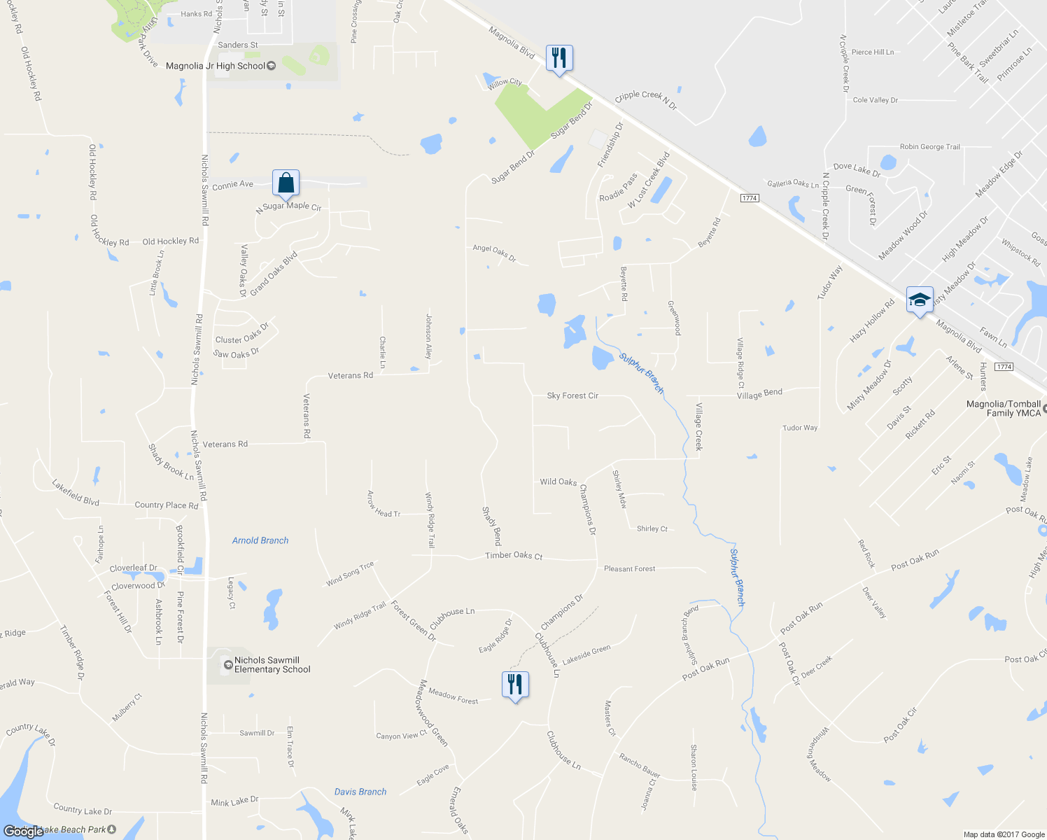 map of restaurants, bars, coffee shops, grocery stores, and more near 29313 Sky Forest Circle in Magnolia