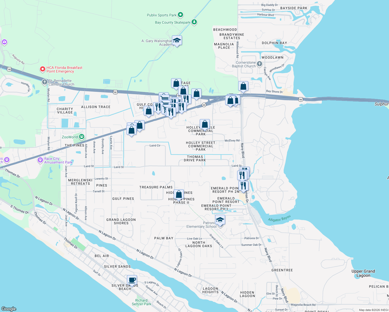 map of restaurants, bars, coffee shops, grocery stores, and more near 7706 Kingman Street in Panama City Beach
